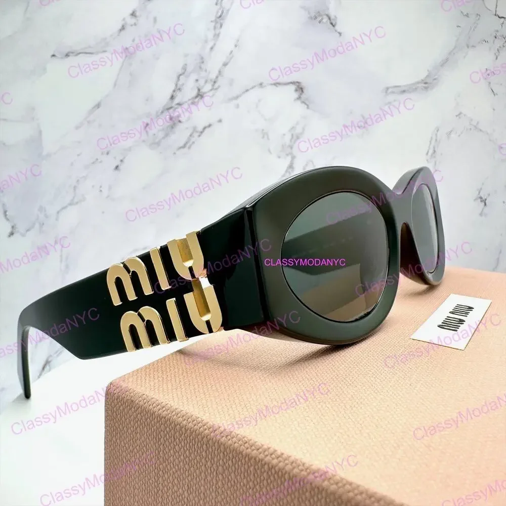 New MIU MIU Sunglasses Black Oval Acetate Gold Metal Logo Authentic Womens